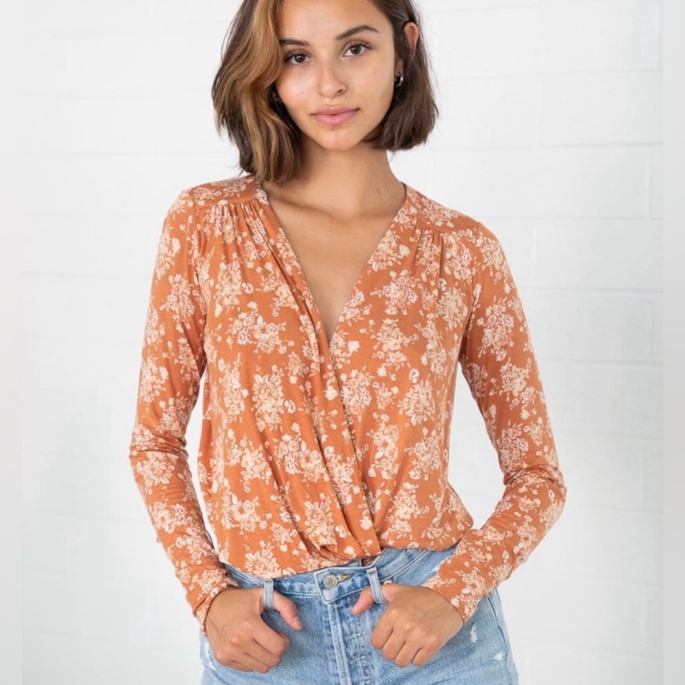 Free People Hippie Boho Floral Burnt Orange Plunge Neck Wrap Bodysuit Size Small